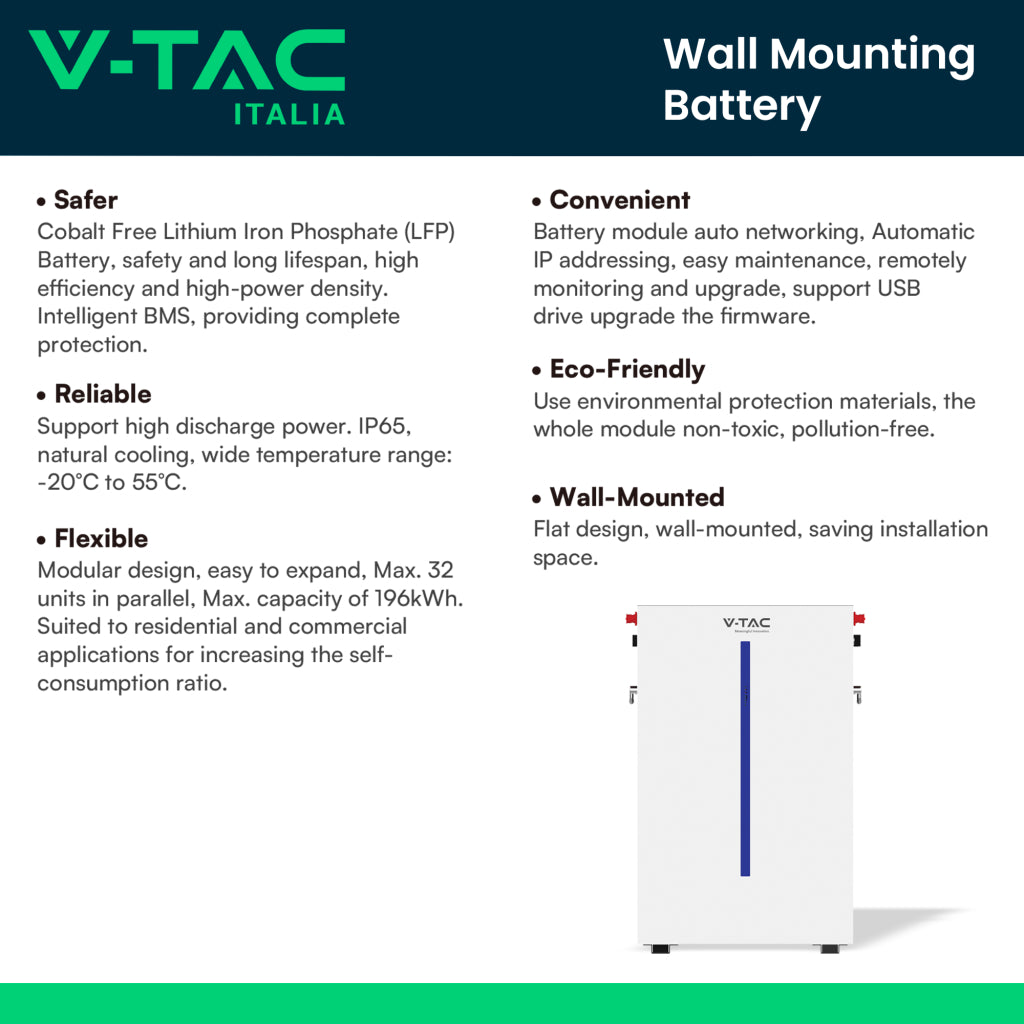 V-TAC Batteria di Accumulo 6.14kWh al Litio-Ferro-Fosfato LiFePO4 BMS Integrato per Inverter Fotovoltaici CEI 0-21 51.2V 120Ah Garanzia 10 Anni IP65 V-TAC Batteria di Accumulo 6.14kWh al Litio-Ferro-Fosfato LiFePO4 BMS Integrato per Inverter Fotovoltaici CEI 0-21 51.2V 120Ah Garanzia 10 Anni IP65